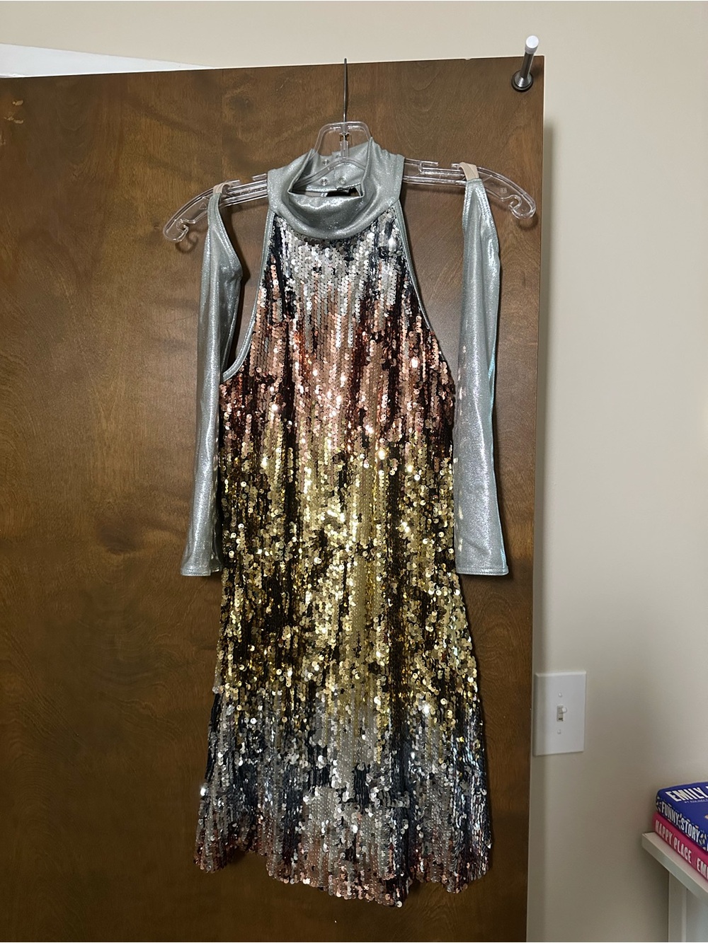 Sequined Gradient Dance Costume Dress in Metallic Silver and Gold with Gloves
